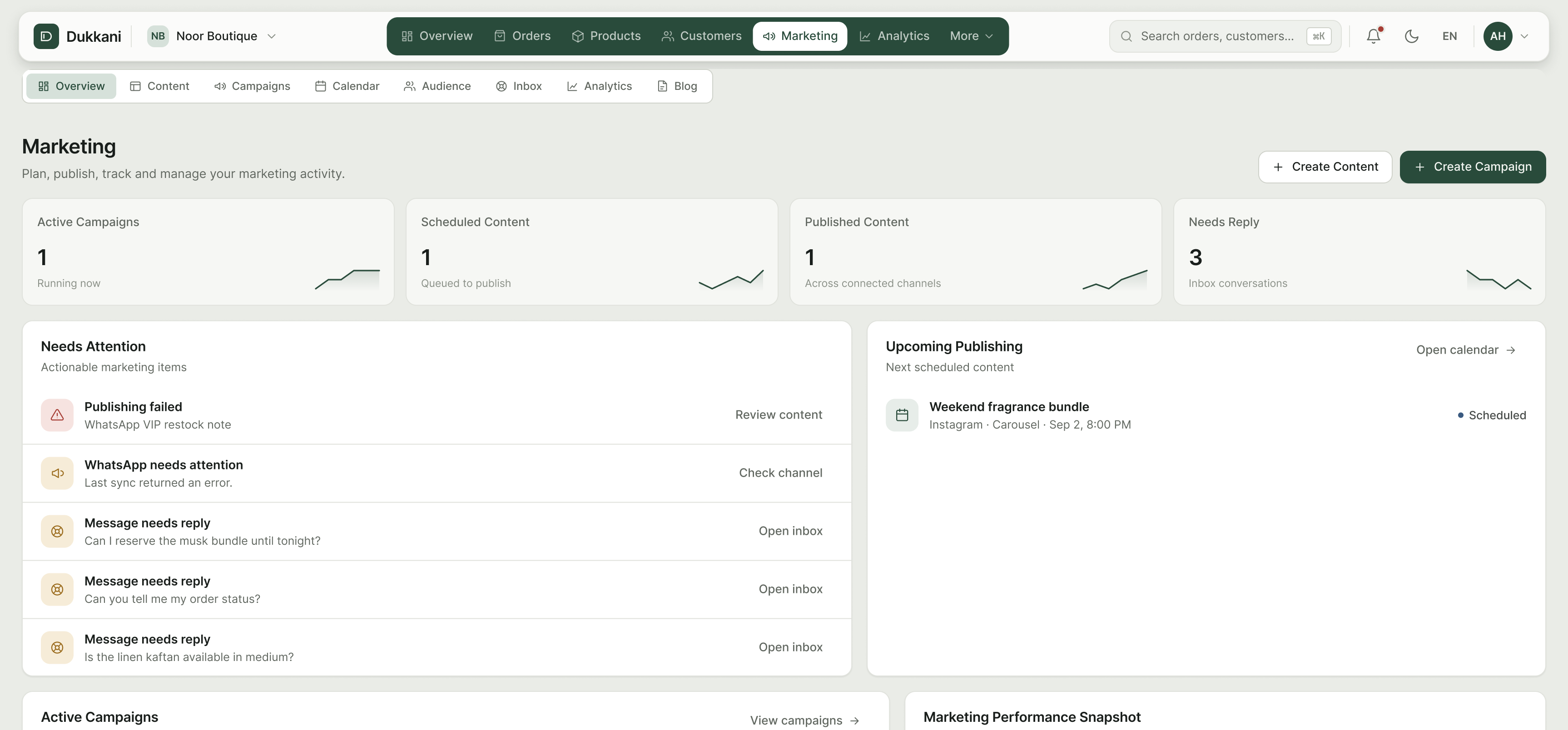 Dukkani marketing overview dashboard